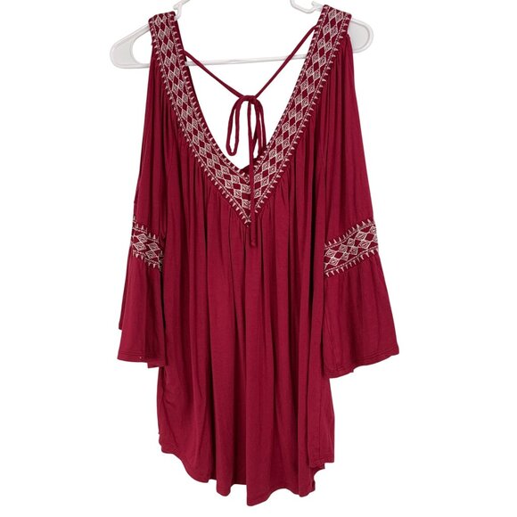 Simply Emma 2X Red Cold Shoulder Bell Sleeve V-Neck Embroider Tunic Top RW10334 - Picture 1 of 10